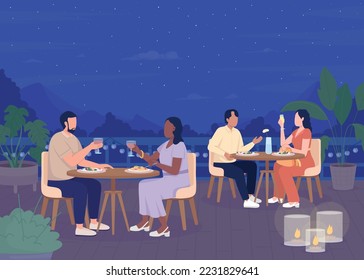 Romantic intimate dinner at resort flat color vector illustration. Enjoying meal and wine with beloved partner in evening. Fully editable 2D simple cartoon characters with night sky on background