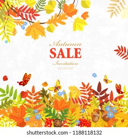romantic invitation card with autumn colorful leaves for your design