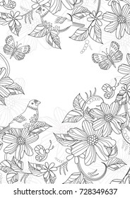 romantic invitation card with bird and floral ornament for your coloring book