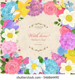 romantic invitation card with different spring flowers for your design