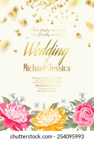 Romantic invitation card with golden text and flowers. Vector illustration.