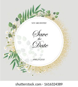 Romantic invitation card with leaves and chamomile flowers