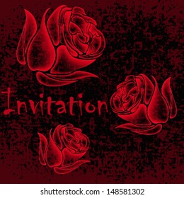 Romantic invitation card with red rose flower. Vintage rose illustration, with grunge background