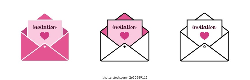 Romantic Invitation Envelope Icon Set with Heart Design on White Background