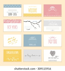 Romantic invitation and greeting cards with cute hand drawn elements and hand written lettering. Valentine's day, wedding, engagement, anniversary, birthday and other events. Isolated vector set.
