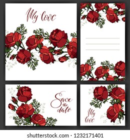 Romantic invitation. Rose red. Wedding, marriage, bridal, birthday, Valentine's day. Wedding invitation cards with floral elements. Great for packaging, label, greeting cards, event decor. Vector. 