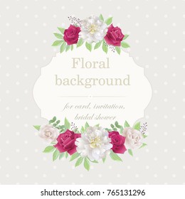 Romantic invitation with roses and peonies.Beautiful white and red roses, and white peonies. (Use for Boarding Pass, wedding invitations, Valentine's day, thank you card.) Vector illustration. EPS 10
