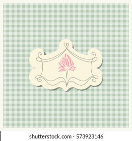 Romantic iris scrap booking template for design invitation, greeting, baby shower card, happy birthday, label, postcard frame, child album. Vector illustration in retro style