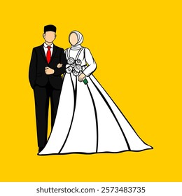 romantic Islamic Muslim wedding couple holding hands man wearing black suit woman wearing white dress faceless carrying flowers vector