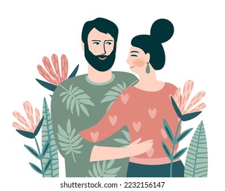 Ilustración romántica aislada con hombres y mujeres. Amor, historia de amor, relación. Concepto de diseño de vectores para San Valentín y otros usos.