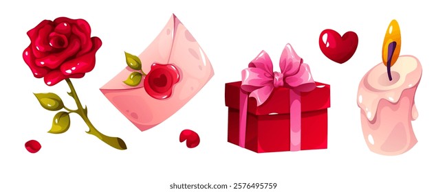 Romantic isolated illustrations with love objects. Vector icons in game style. Rose, letter, gift box and candle