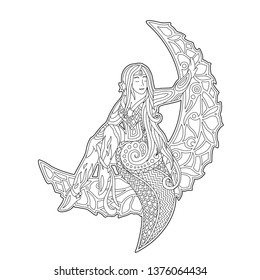 Romantic isolated on white background monochrome illustration for coloring book with beautiful woman sitting on the moon