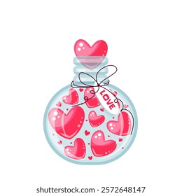 Romantic jar with hearts on transparent background. Vector illustration for valentines day for postcard, textile, decor, poster. Flat cartoon style