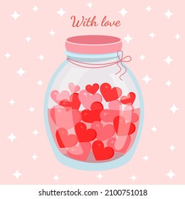 Romantic jar with hearts. Vector illustration of a jar for valentine's day for postcard, textile, decor, poster. Love message. Greeting card
