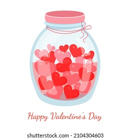 Romantic jar with hearts. Vector illustration of a jar for valentine's day for postcard, textile, decor, poster. Love message. Greeting card.