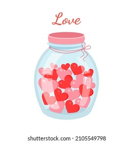 Romantic jar with hearts. Vector illustration of a jar for valentine's day for postcard, textile, decor, poster. Love message. Greeting card.