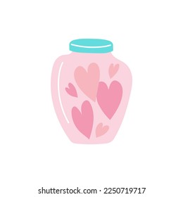 Frasco romántico con corazones. Ilustración vectorial de un frasco para el día de San Valentín para postal, textil, decoración, afiche. Tarjeta de felicitación en blanco