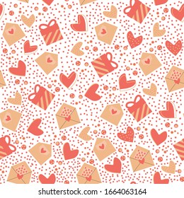 Joyería romántica. Vector perfectamente ilustrado con corazones rojos, regalos, sobres. Patrón repetido vectorial adorable para tela, papel pintado o papel envuelto