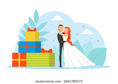 Romantic Just Married Couple, Tiny Bride and Groom Characters Standing beside Huge Gift Boxes Flat Vector Illustration