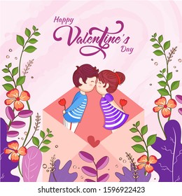 Romantic Kids Couple in Open Envelope with Floral Decorated Happy Valentine's Day Greeting Card Design.