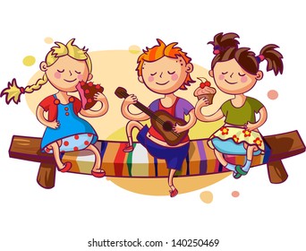 Romantic kids party vector illustration. Small boy playing guitar and two sweet girls eating cakes