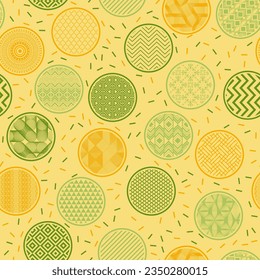 Romantic kimono swatch geometric endless pattern. Circular shapes with oriental abstractions inside. Korean motives in circles. Mottled texture background. Gift wrapper design.