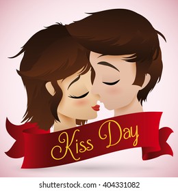 Romantic kiss between young boy and girl behind a greeting ribbon with Kiss Day text.
