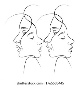 Romantic kiss of lovers. Portrait of two faces in a minimalist style with flexible plastic lines. Girl power. Vector illustration for print.