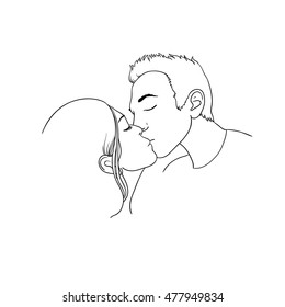 Romantic kiss loving couple. Hand drawing isolated objects on white background. Vector illustration. 