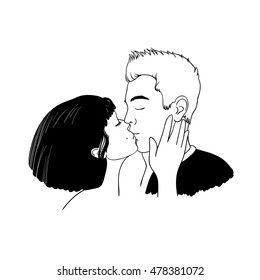 Romantic kiss loving couple. Hand drawing isolated objects on white background. Vector illustration. 