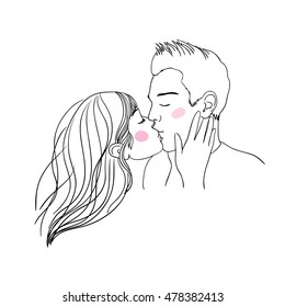 Romantic kiss loving couple. Hand drawing isolated objects on white background. Vector illustration. 