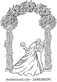 Beijo romântico no esboço do arco do casamento para decoração do café