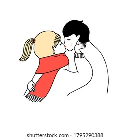 Romantic kiss of young blonde girl with ponytail and man. Line doodle illustration. Valentine's day minimalism drawing