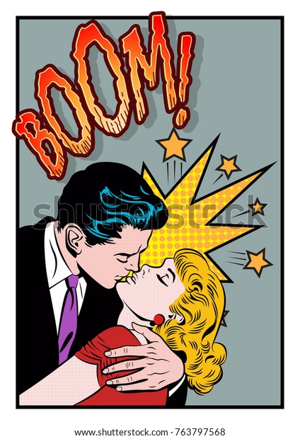 Romantic Kissing Couple. Stylization under the Vintage Comic Book Art