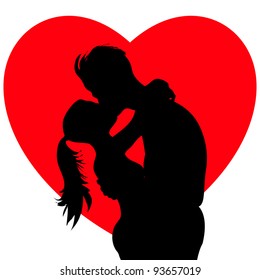 Romantic kissing young couple silhouette