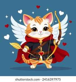 Romantic kitten Cupid with wings, golden bow and arrows for Valentines Day. Valentines card with cute animals in cartoon style. Vector illustration.