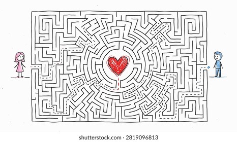 Romantic labyrinth illustration featuring boy and girl icons.