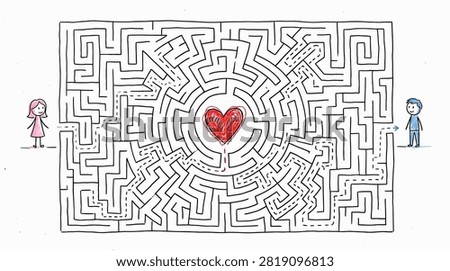 Romantic labyrinth illustration featuring boy and girl icons.