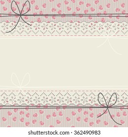 Romantic lace frame with cute hearts and bows. Stylish frame can be used for wedding invitation, Valentine's greeting card, baby shower card and more designs