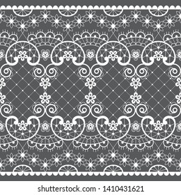 Romantic lace seamless vector pattern, vintage wedding lace design in white on gray background. 
Embroidery repetitive decoration inspired by French and English lace art, vintage style 