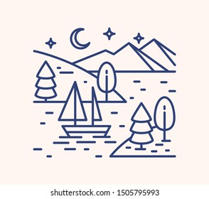 Romantic lake trip on starry night lineart illustration. Linear sailboat in mountain lagoon waters. Outdoor recreation activities concept. Wild nature holidays on river banks with forest trees.