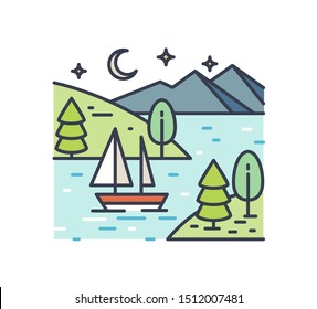 Romantic lake trip on starry night line art illustration. Colorful outline scenery with a boat sailing in the river near the mountains. Vector picturesque landscape isolated on white background.