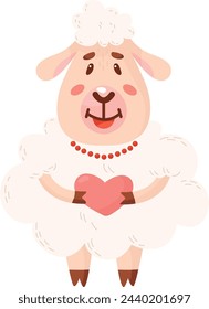 Romantic lamb character hold heart. Cute sheep