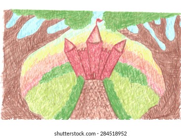 Romantic landscape with fantasy magic castle, fairy tale castle and paved road, trees incline, sunrise or sunset drawn by color pencils, vector illustration