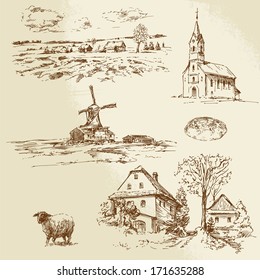 romantic landscape, farm - hand drawn illustration