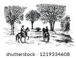 Romantic landscape with horse riders.