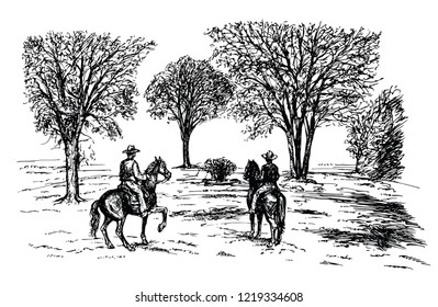 Romantic landscape with horse riders.