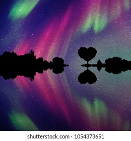 Romantic landscape at night. Vector illustration with silhouette of tree in shape of heart. Northern lights in starry sky
