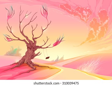 Romantic landscape with tree and sunset. Vector illustration