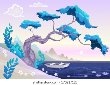 Romantic landscape with tree and water. Vector illustration